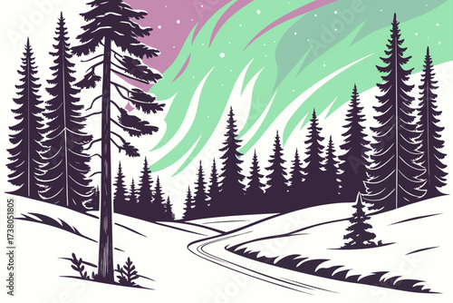 Snowy forest with colorful aurora borealis vector northern lights