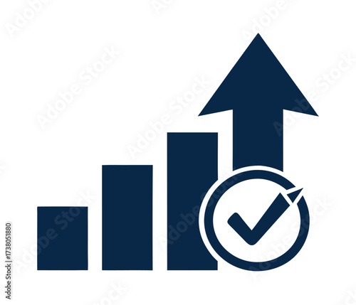 Graph diagram up icon, business growth success chart with arrow and check mark, concept of achieving set goals, business bar sign, profit growing symbol, progress bar symbol, growing graph icon