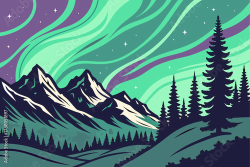 Stylized aurora borealis over snow-capped mountains and pine forest