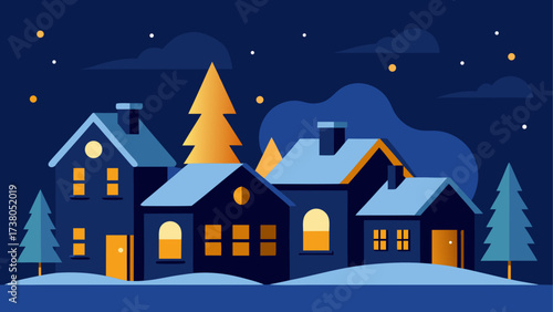 Winter town with houses and christmas trees