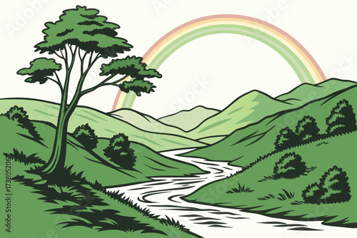 Stylized green valley with rainbow and winding river