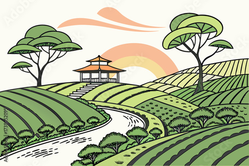 Stylized green hills with tea plantation and gazebo