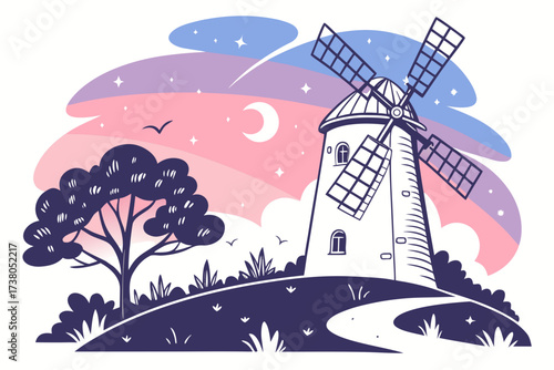 Stylized windmill at dusk with colorful sky countryside
