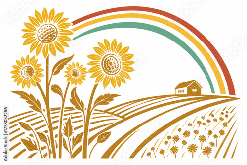 Sunflowers and Farmhouse with Rainbow Vector Design