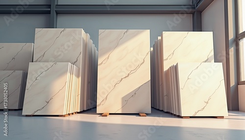 Bright sunlight illuminates a warehouse filled with large, elegant stone slabs. These slabs have a marble-like pattern, perfect for various construction and design applications