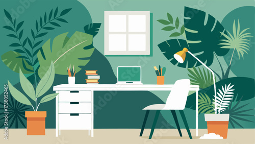 A home office with a tropical print wallpaper accent wall a sleek white desk and a potted monstera plant.