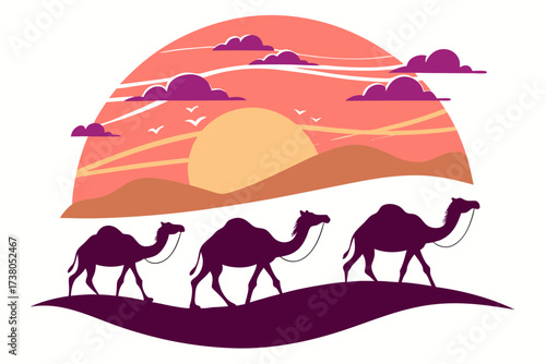 Three camels walking in the desert at sunset silhouette