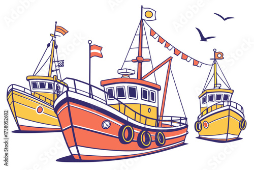 Three colorful fishing boats with flags and birds ship