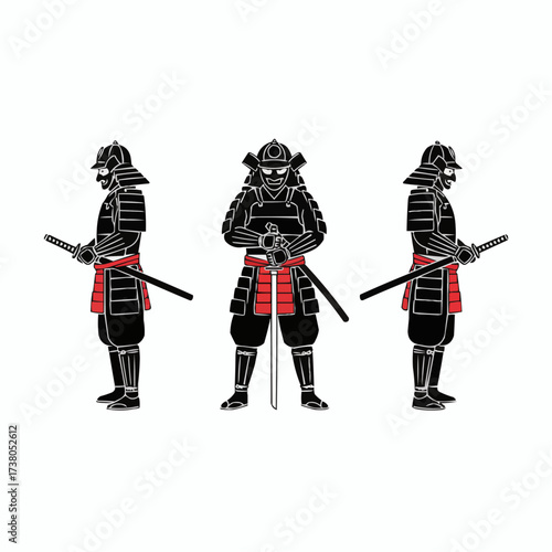 Japanese Samurai Warrior Silhouettes with Katana Swords and Red Accents
