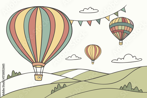 Three colorful hot air balloons float above rolling green hills
