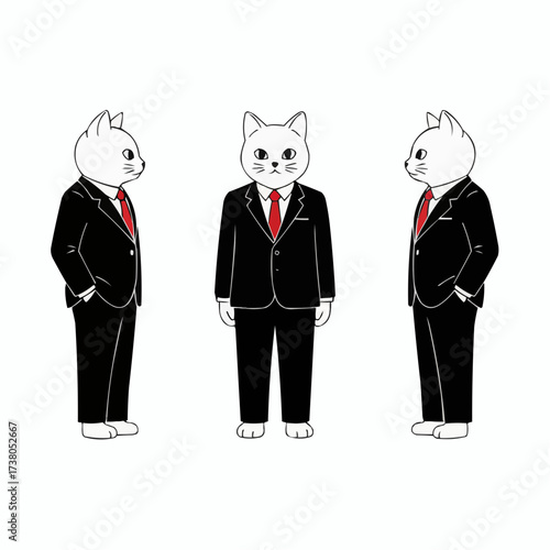 Minimalist illustration of three anthropomorphic cats wearing suits and red ties