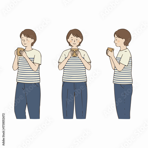 Person drinking from a mug set illustration everyday life