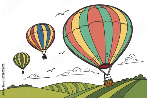 Three colorful hot air balloons over green rolling hills