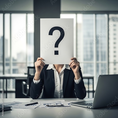 Businesswoman Hiding Face with Question Mark in Office Setting.