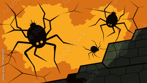Spiders crawling on a cracked orange wall