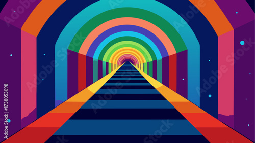 Perspective rainbow tunnel with dark walls