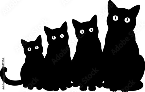 Group of Five Black Cats Sitting Silhouette