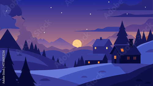 Illustration of winter landscape at night