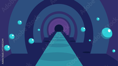 Blue tunnel with floating spheres artwork