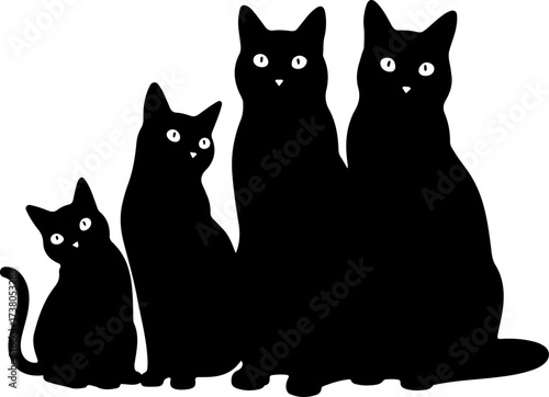 Group of Five Black Cats Sitting Silhouette