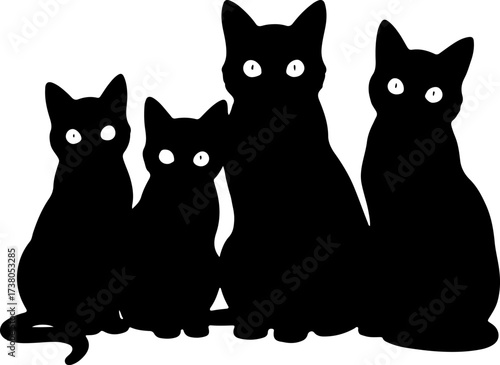 Group of Five Black Cats Sitting Silhouette