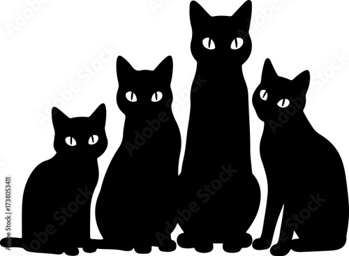 Group of Five Black Cats Sitting Silhouette