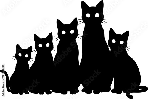 Group of Five Black Cats Sitting Silhouette