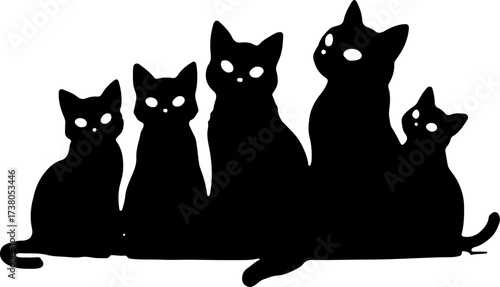 Group of Five Black Cats Sitting Silhouette