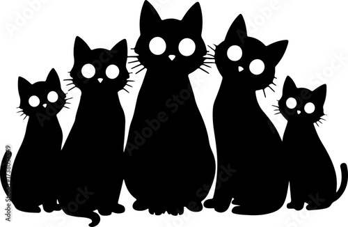 Group of Five Black Cats Sitting Silhouette