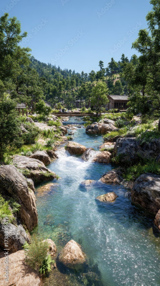 Naklejka premium Scenic mountain stream flowing through lush green forest, clear blue sky