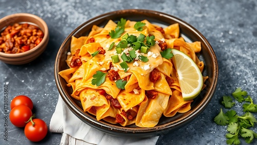 Traditional mexican breakfast red chilaquiles or nachos tortilla chips