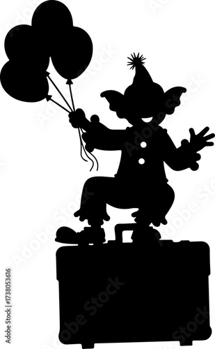 Clown Sitting on Suitcase Holding Balloons Silhouette