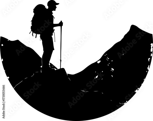 Hiker on Mountain Ridge with Backpack Silhouette