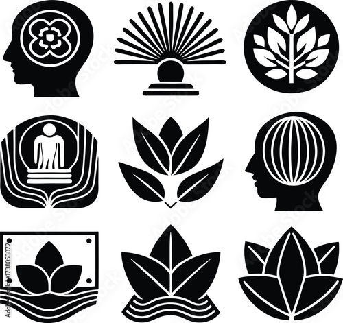 Collection of nine diverse spiritual and wellness symbols representing meditation mindfulness nature and personal growth icons