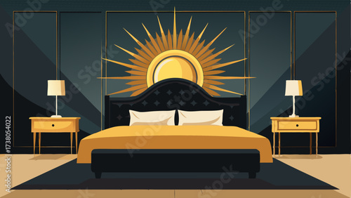 A luxurious bedroom with a velvet tufted headboard sleek black nightstands and a golden sunburst mirror above the bed.