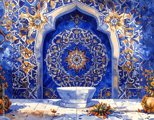 Ornate blue and gold tiled fountain