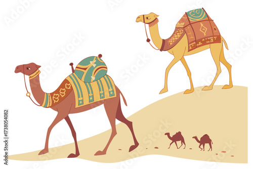 Two colorful camels and a caravan on sand dunes desert