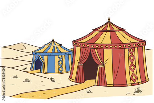 Two colorful desert tents with red yellow and blue