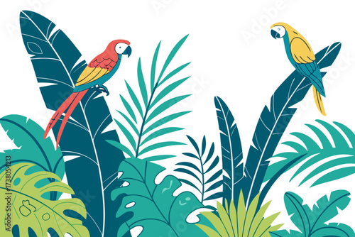 Two colorful parrots perched among lush tropical leaves