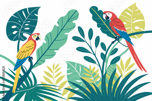 Two colorful parrots perched among tropical leaves