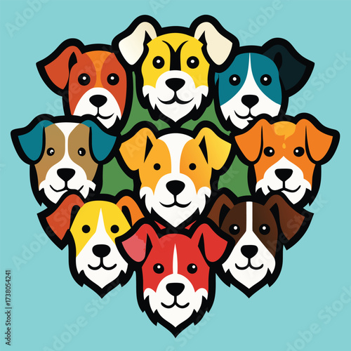 A vibrant group of diverse dog faces in a circular arrangement against a light blue background featuring various breeds and colors