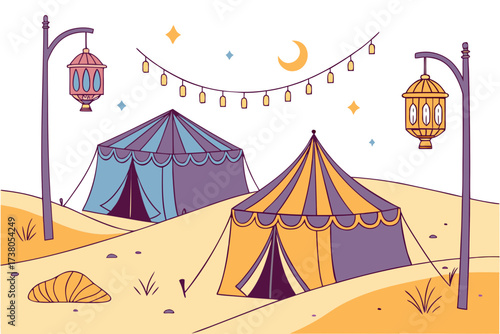 Two colorful tents in a desert landscape with lanterns