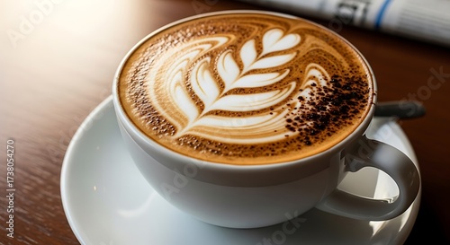 Latte Art - A Cup of Coffee with a Leaf Design.