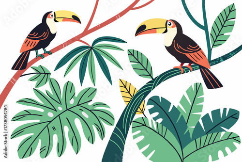 Two colorful toucans perched on branches in a tropical jungle
