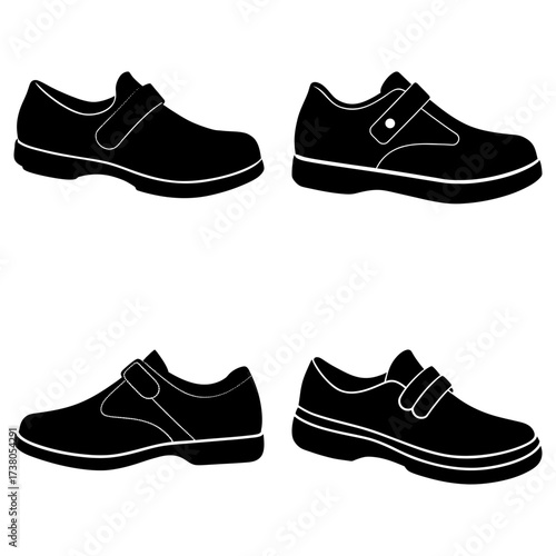 Four black silhouette images of shoes with velcro straps arranged in a square pattern on white background