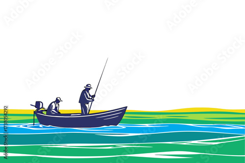 Two fishermen in a boat on a colorful abstract lake