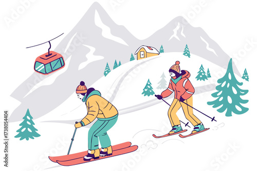 Two skiers on a snowy mountain with ski lift skiing