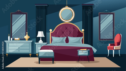A luxurious guest bedroom with a mirrored dresser velvet bedding and metallic accents.