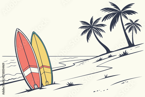 Two surfboards on a sandy beach with palm trees ocean