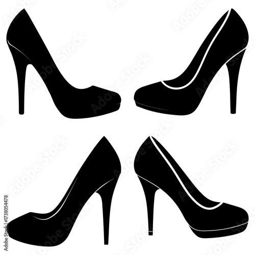 Silhouette illustration showing four black high heel shoes in various orientations on a white background
